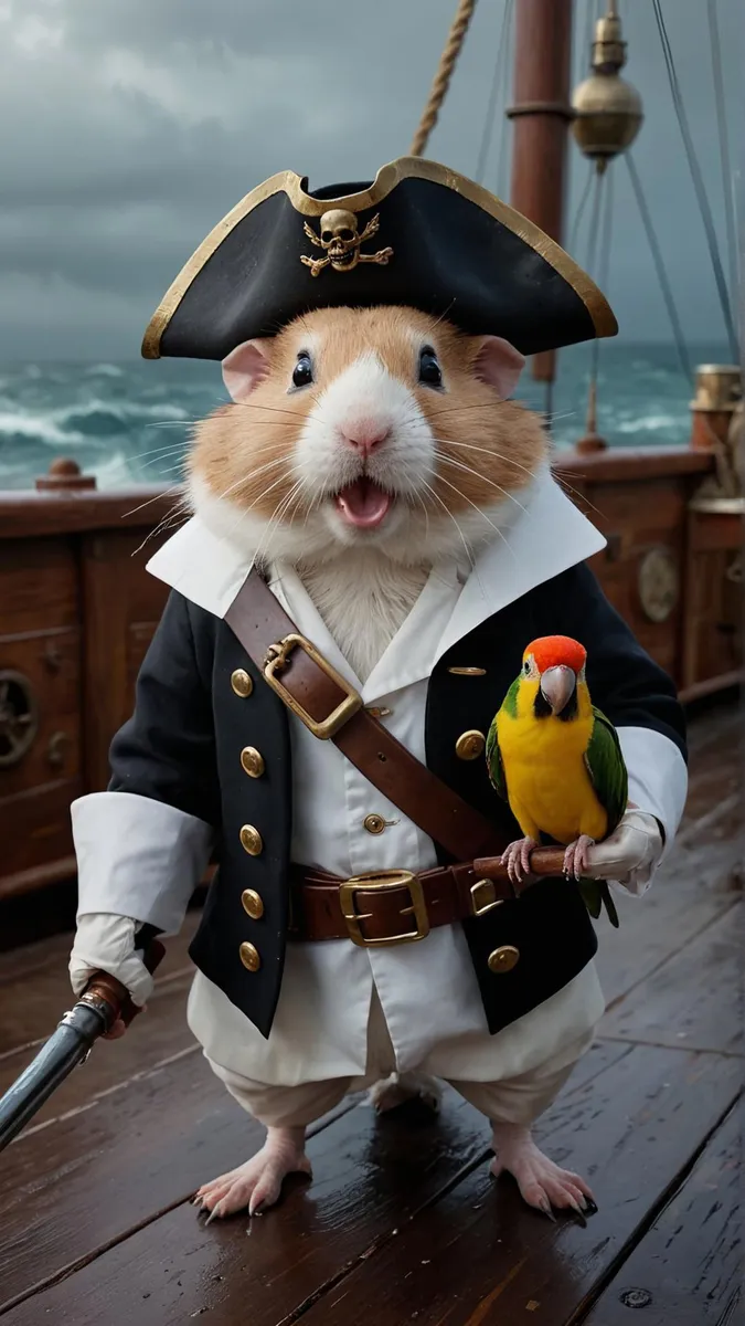 AI generated image of a cute hamster dressed as a pirate, standing on a wooden deck of a ship with a small parrot perched on its arm. Created using Stable Diffusion.