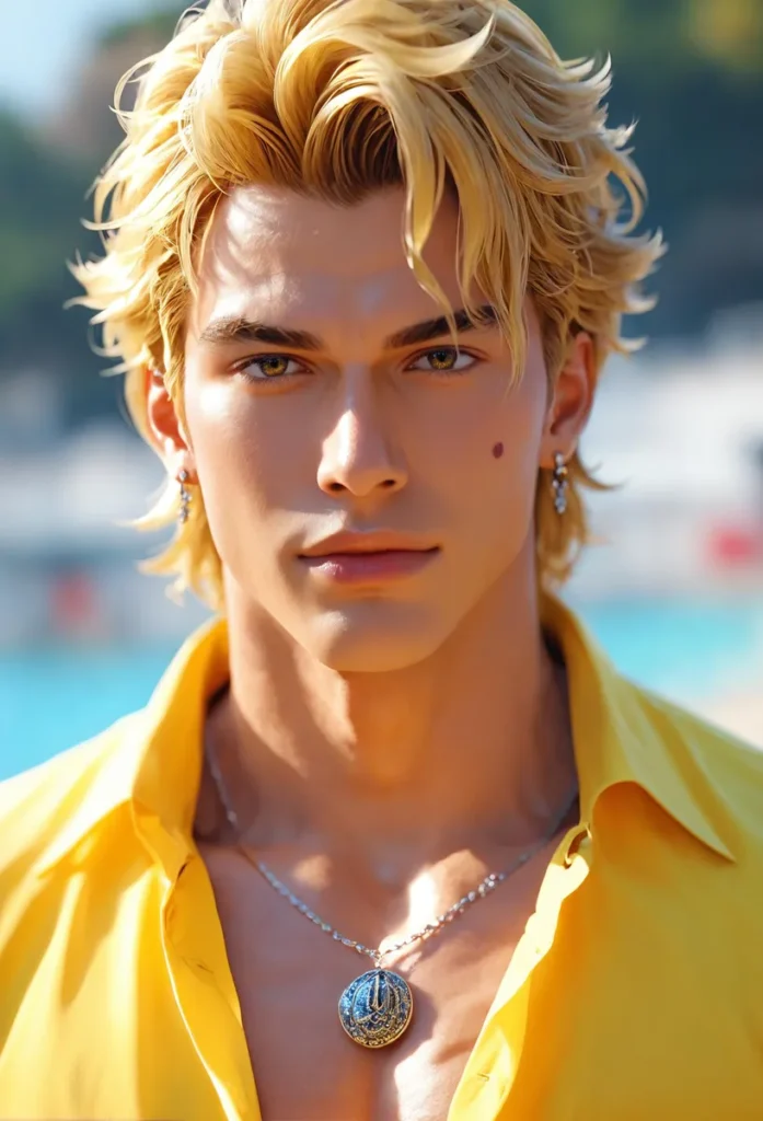 AI generated image of a handsome blonde man with piercing yellow eyes, wearing a stylish yellow shirt and a distinctive silver pendant, with a blurred beach background, using Stable Diffusion.