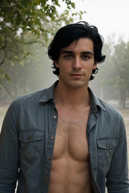 Portrait of a handsome man with dark hair and light unbuttoned shirt, outdoors, created using Stable Diffusion.