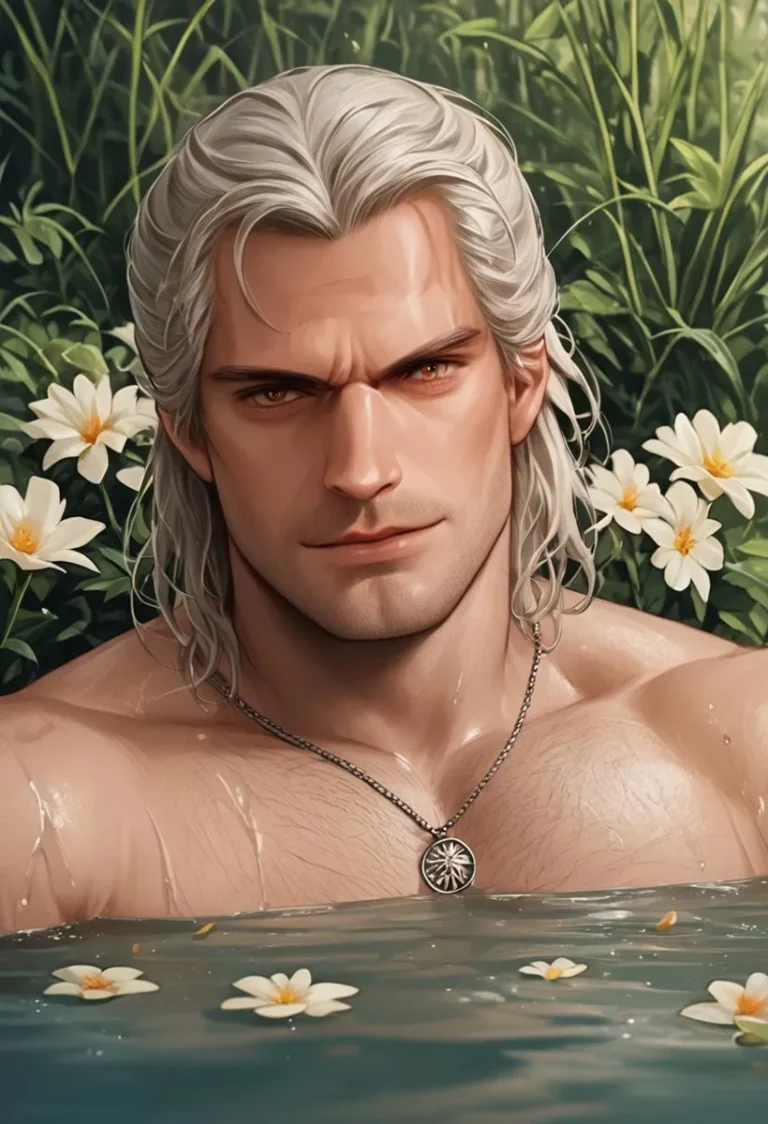A handsome man with white hair and striking amber eyes, partially submerged in water surrounded by white daisy-like flowers, AI-generated image using Stable Diffusion.