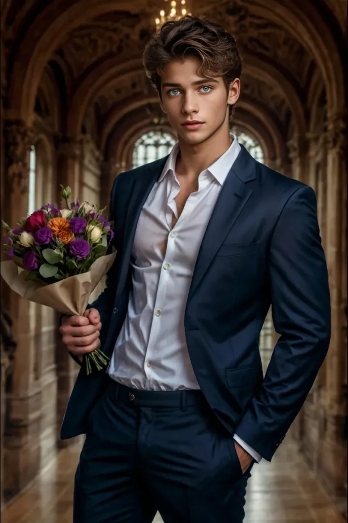 AI generated image using stable diffusion of a handsome man in a formal suit holding a bouquet of flowers in an elegantly decorated hallway.