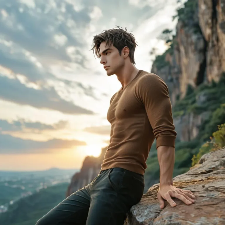 Handsome man with tousled hair in a brown sweater and black jeans, leaning against a rock with a mountainous landscape at sunset, created using Stable Diffusion.