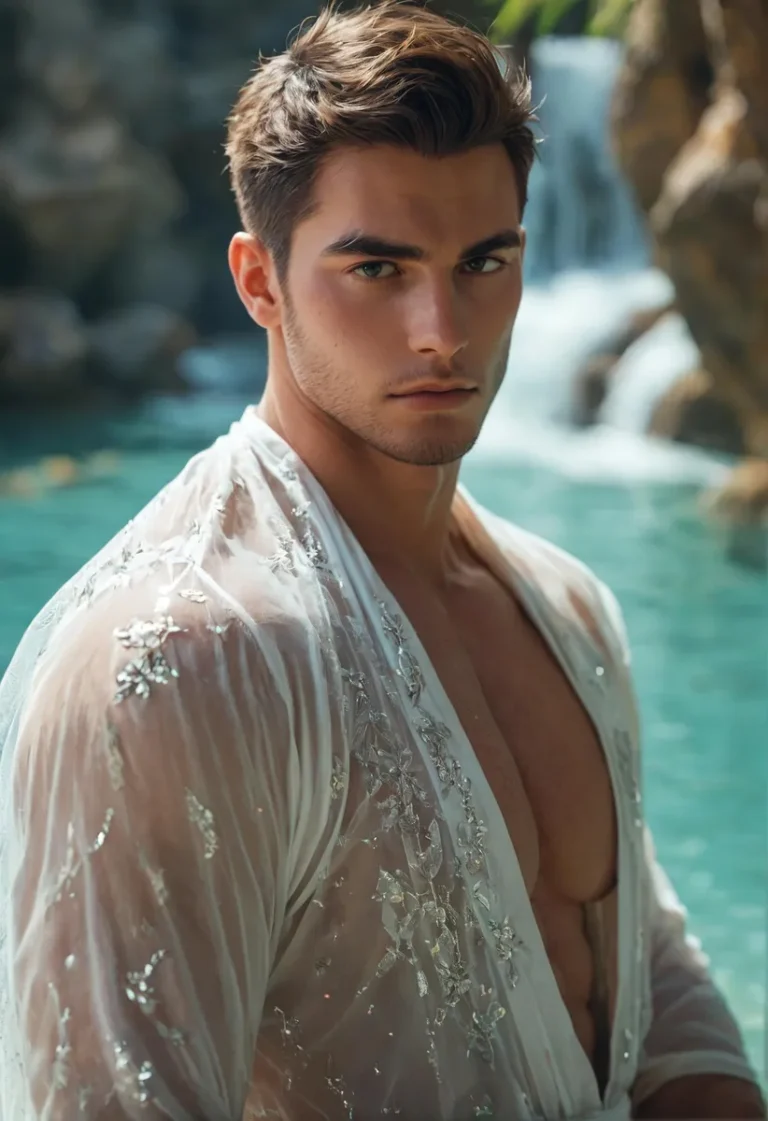 A handsome man with short hair wearing a transparent robe stands by a waterfall. The robe features delicate floral embroidery.