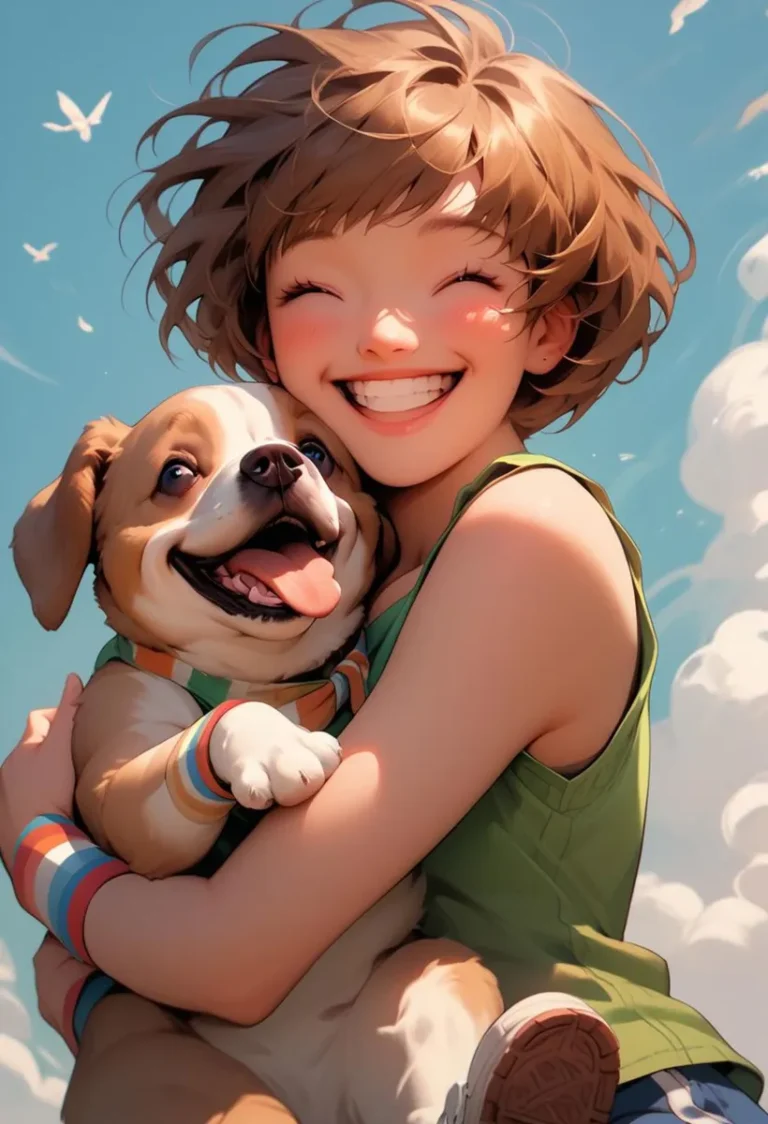 Happy girl with short brown hair and a green tank top, hugging a cute dog with a colorful collar and wristbands. AI generated image using Stable Diffusion.