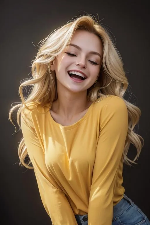 Smiling blonde woman in a yellow top, AI-generated image using stable diffusion.