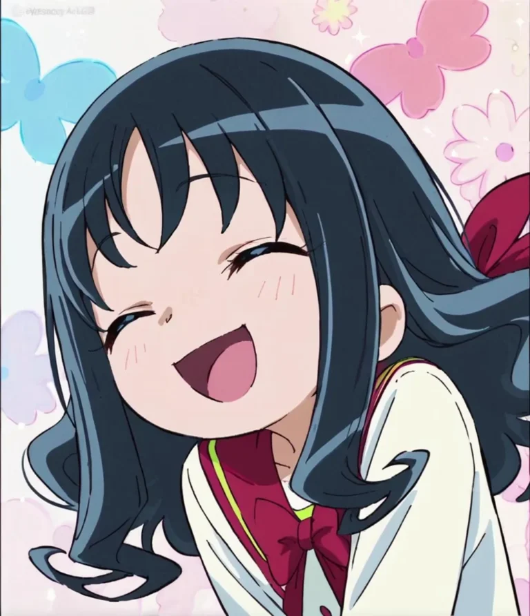 A happy anime girl with dark blue hair and a red ribbon, laughing joyfully against a colorful background featuring flowers, created using Stable Diffusion.