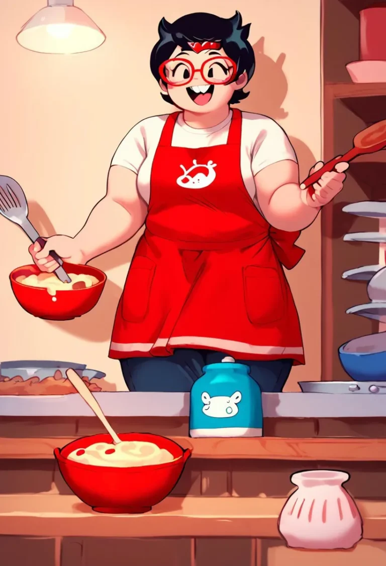 Anime-style image of a happy cook wearing a red apron with a matching headband and glasses, holding a spatula in one hand and stirring a bowl on the counter. AI generated image using Stable Diffusion.