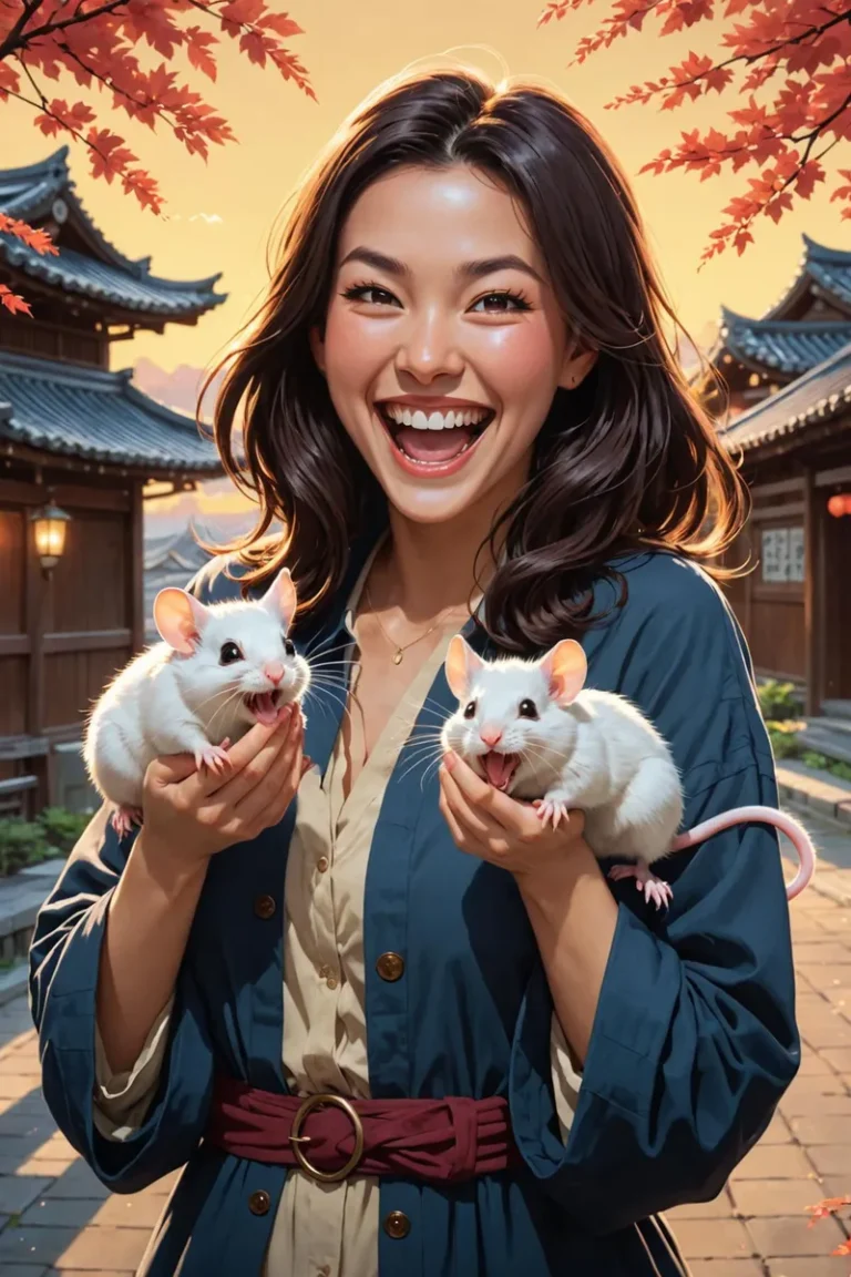 A happy woman holding two white rats in an autumn scene. AI generated image using stable diffusion.