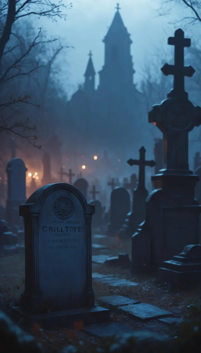 AI generated image of a haunted graveyard with a gothic church in the background, created using stable diffusion. The scene is set at nighttime with eerie fog and tombstones.
