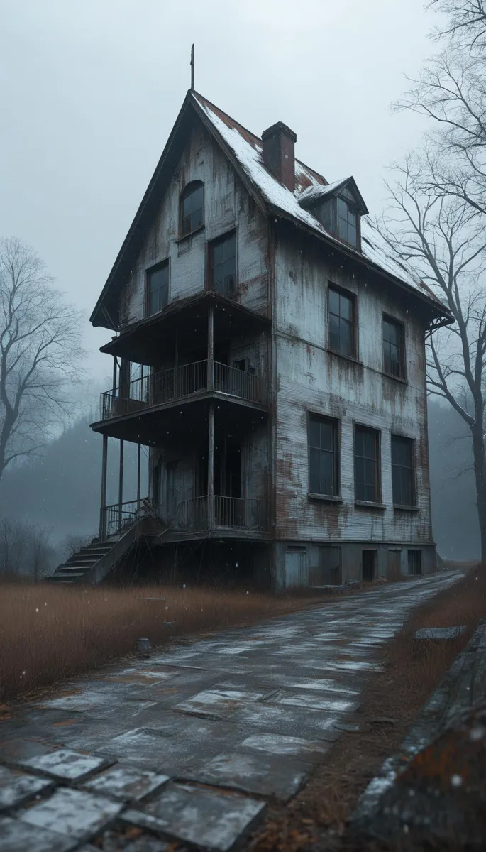 An eerie, AI-generated image of a decaying, haunted house standing alone in a foggy, desolate landscape created using Stable Diffusion.