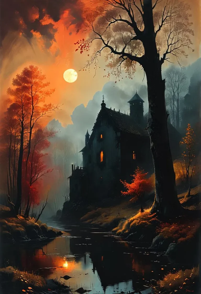 A haunted house in the middle of a moonlit forest during fall evening with a glowing moon in the sky, generated using stable diffusion.
