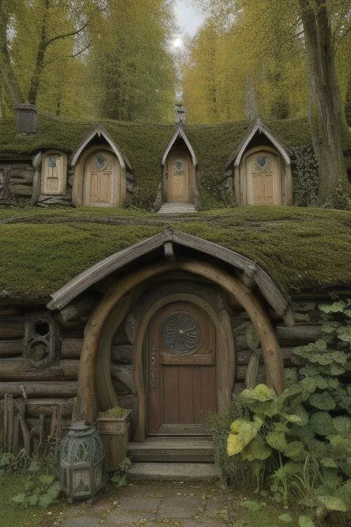A cozy hobbit house with a moss-covered roof and wooden doors surrounded by lush greenery, AI generated using Stable Diffusion.