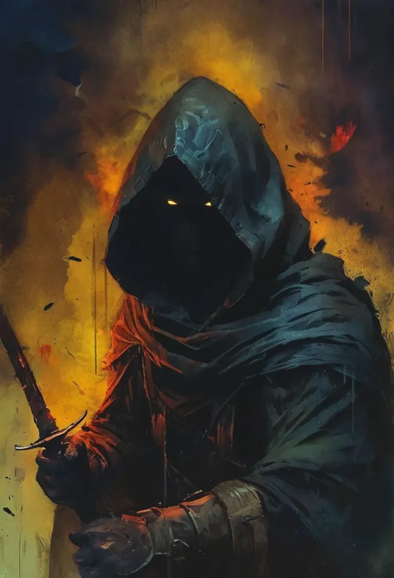 A dark figure in a hooded robe holding a sword with glowing yellow eyes and a background of fiery colors, an AI generated image using Stable Diffusion.