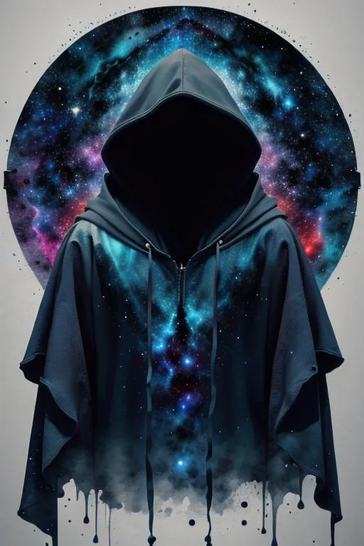 A mysterious hooded figure with a cosmic background, generated using Stable Diffusion AI.