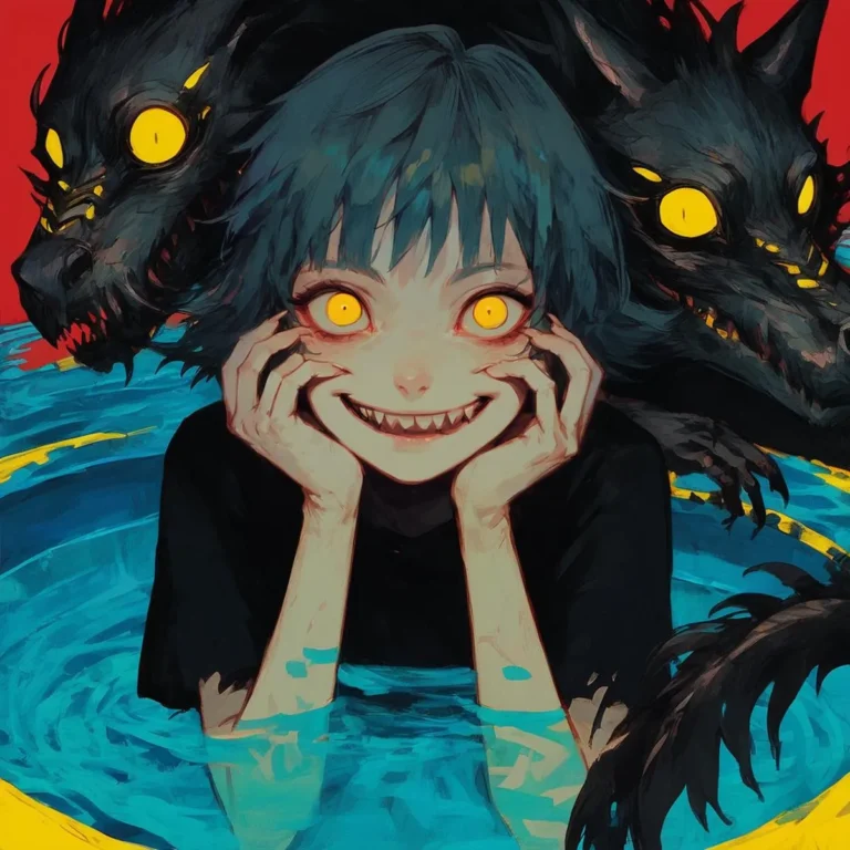 A creepy character with yellow glowing eyes and a sinister smile, flanked by two wolf-like creatures with similar yellow eyes. AI generated image using stable diffusion.