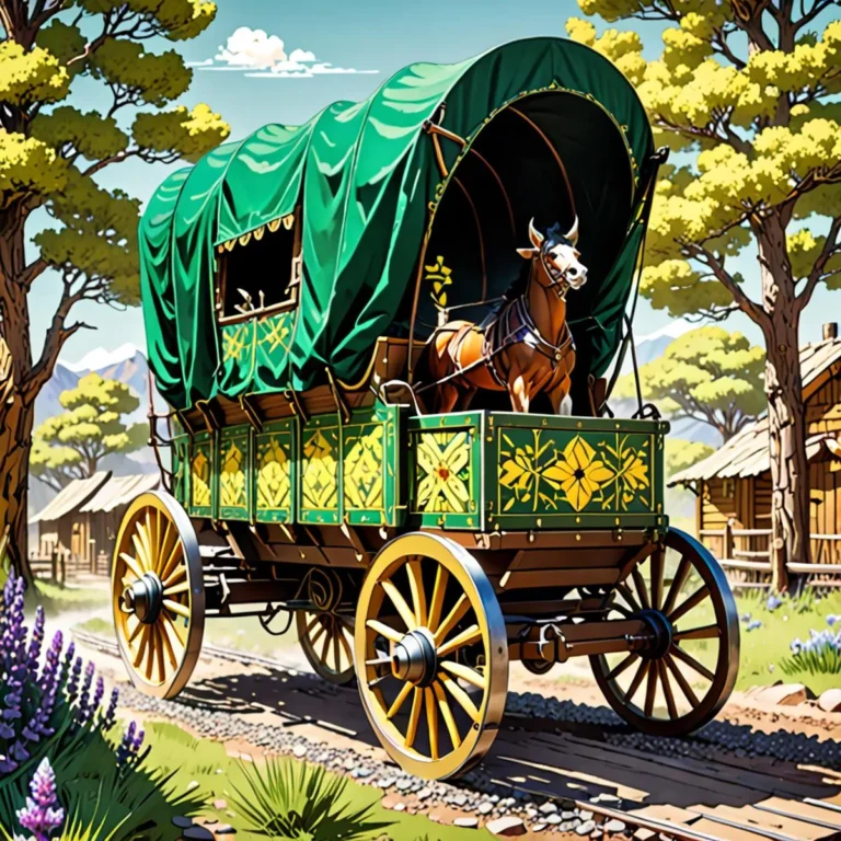 Horse-drawn wagon with green canopy and yellow floral designs rolling through a western frontier, created using Stable Diffusion.