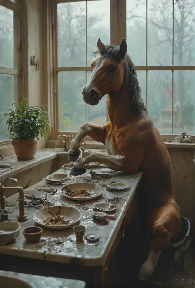 A surreal image generated using Stable Diffusion showcasing a horse washing dishes in a messy kitchen.