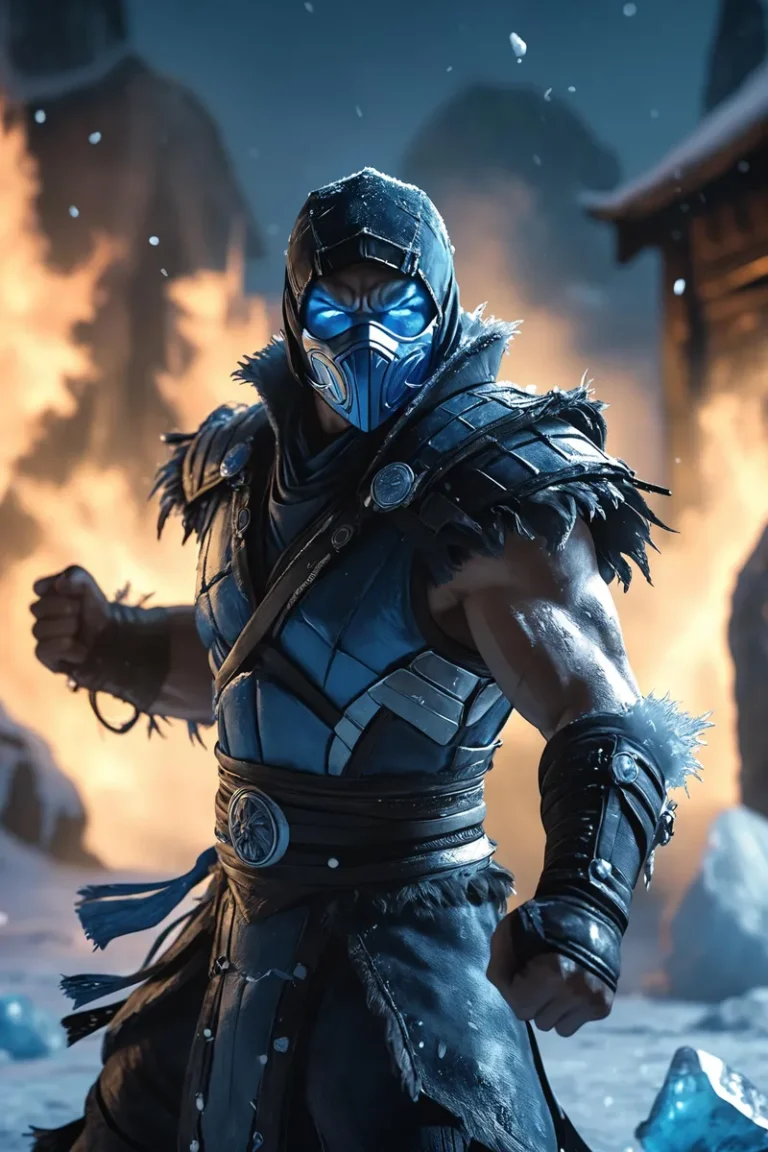 Fantasy ice warrior wearing blue armor and mask, standing with a clenched fist, against a fiery background. AI generated image using Stable Diffusion.