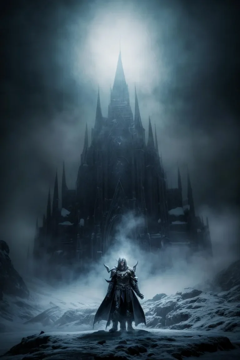 An AI generated image using Stable Diffusion depicting a dark fantasy scene with an ice warrior standing before a towering, gothic castle in a misty, snowy landscape.