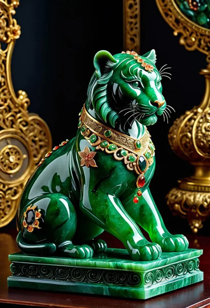 A jade tiger statue with intricate gold embellishments and jewelry, created using stable diffusion ai.