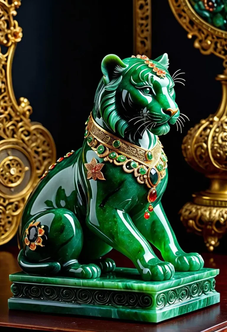 A jade tiger statue with intricate gold embellishments and jewelry, created using Stable Diffusion AI.