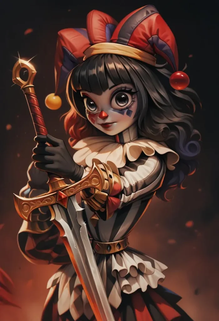 A jester-like character with a colorful hat and face paint, holding an ornate sword, generated using Stable Diffusion AI.