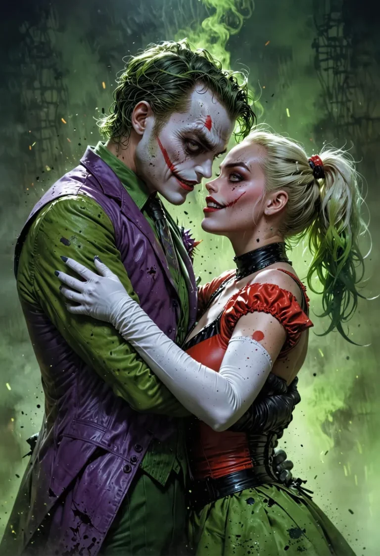 A Joker and Harley Quinn in a grim embrace. Emphasize that is this is an AI generated image using stable diffusion.