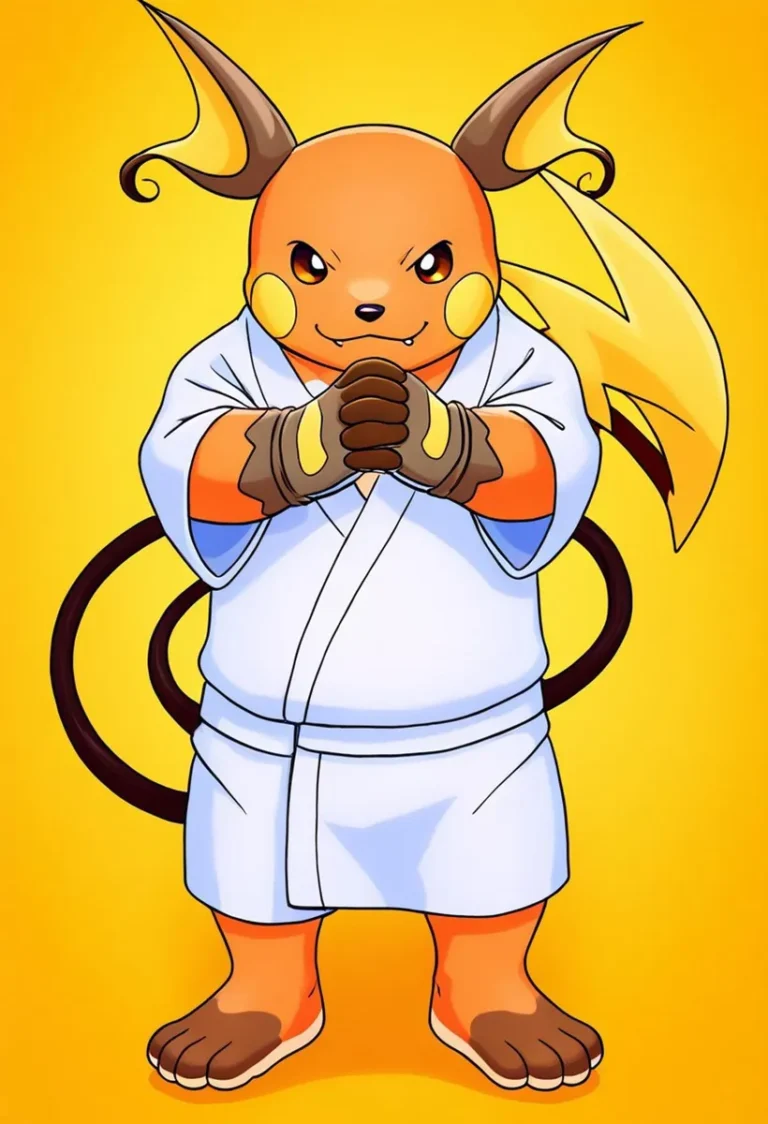 Anthropomorphic Raichu character wearing a karate uniform with a serious expression and folded arms against a yellow background. AI generated image using stable diffusion.