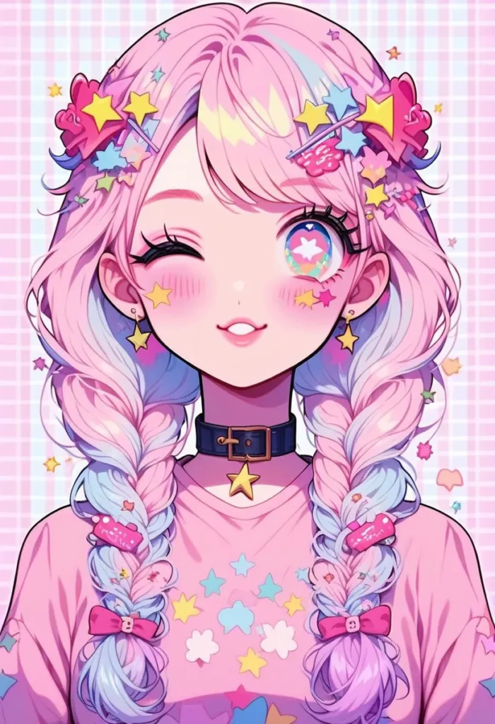 A kawaii anime girl with pink and blue hair styled in pigtails, wearing a pink shirt decorated with stars and clouds, and a black choker with a star pendant. This is an AI generated image using Stable Diffusion detailing pastel colors.