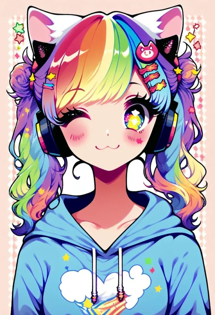 Kawaii anime girl with rainbow-colored hair, cat ear headband, headphones, and blue hoodie with cloud design. AI generated using Stable Diffusion.