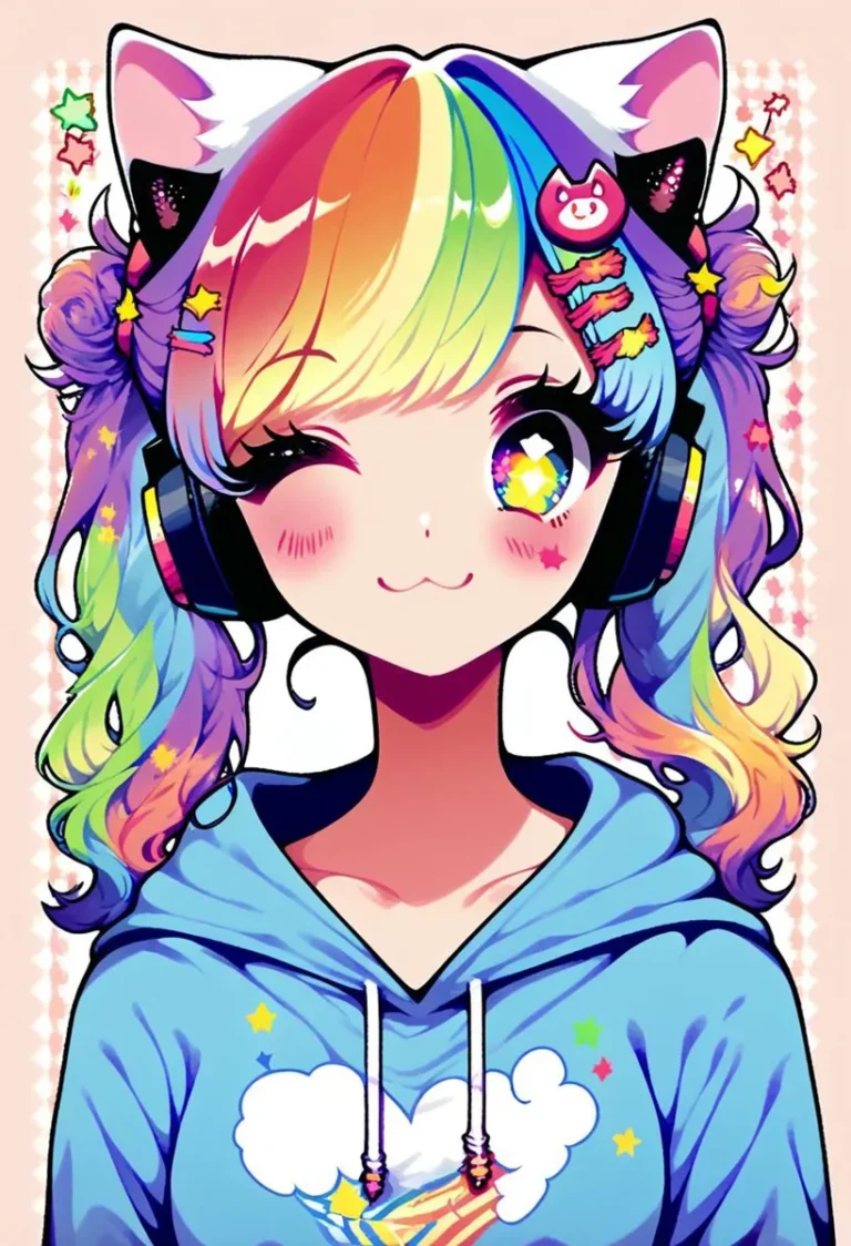 Kawaii anime girl with rainbow-colored hair, cat ear headband, headphones, and blue hoodie with cloud design. AI generated using Stable Diffusion.