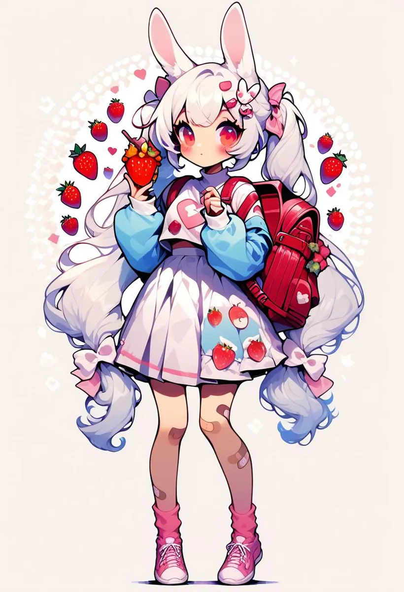 Kawaii anime girl with white hair, bunny ears, and a red backpack, holding a strawberry, surrounded by floating strawberries. AI generated image using stable diffusion.