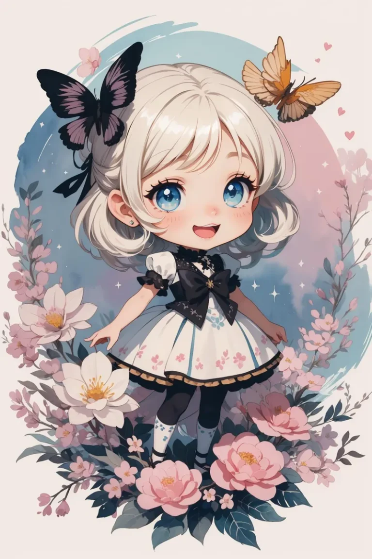 AI generated image featuring a kawaii chibi girl with blonde hair and big blue eyes surrounded by butterflies and flowers, created using Stable Diffusion.