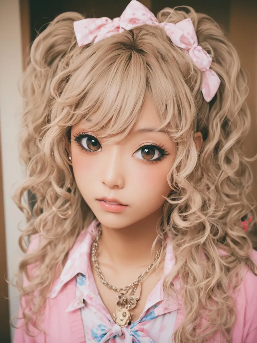 AI generated image of a girl with curly blonde hair styled in pigtails, decorated with pink ribbons, wearing a pink outfit and necklace.