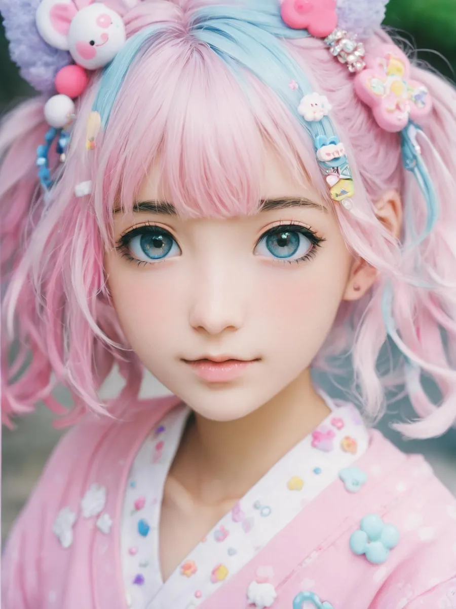 A kawaii girl with pink and blue pastel hair decorated with cute accessories, wearing a pink kimono, AI generated using stable diffusion.