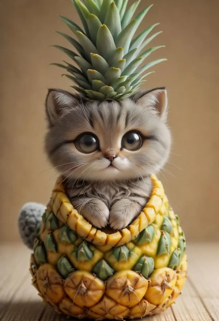 Cute furry kitten with large eyes sitting inside a carved pineapple with the top of the pineapple placed on its head like a crown. AI generated image using Stable Diffusion.
