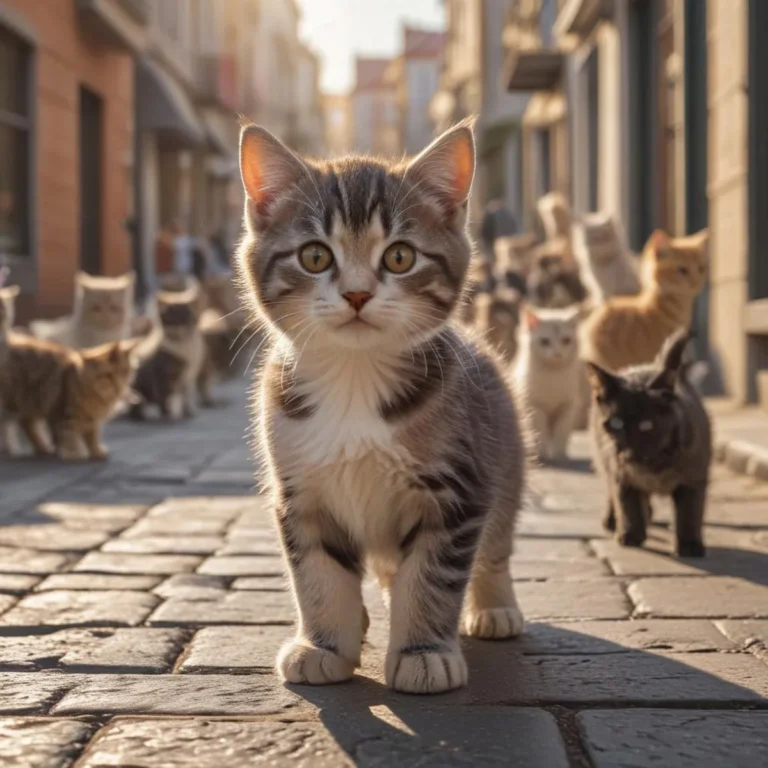 Adorable kitten leading a group of cats on a cobblestone street during daytime. Emphasize that this is an AI-generated image using Stable Diffusion.