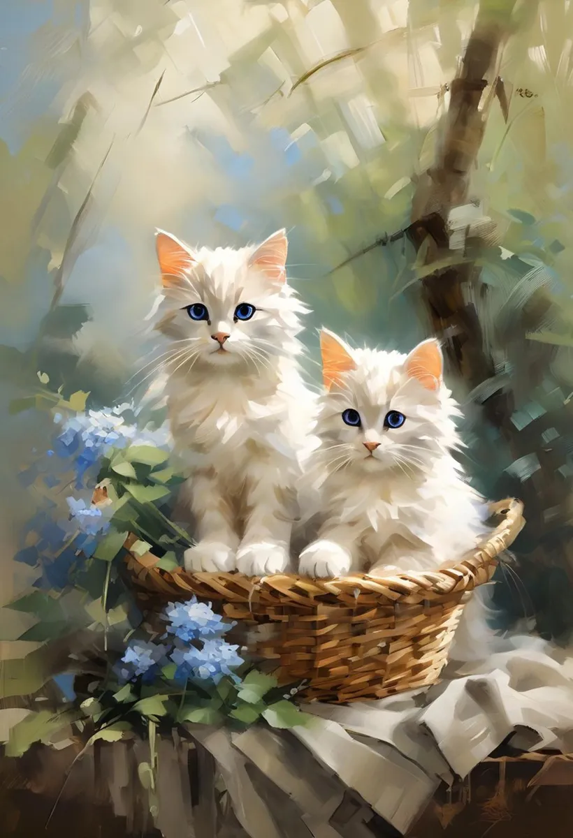 Two fluffy white kittens sitting in a woven basket decorated with blue flowers, AI generated image using Stable Diffusion.