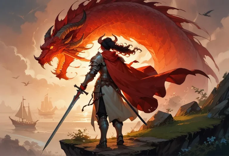 A highly detailed AI generated image using Stable Diffusion: a knight in armor with a red cape faces a large, menacing red dragon on a cliff.