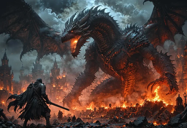 Epic battle between knight and massive dragon amidst a burning medieval cityscape, AI generated image using Stable Diffusion