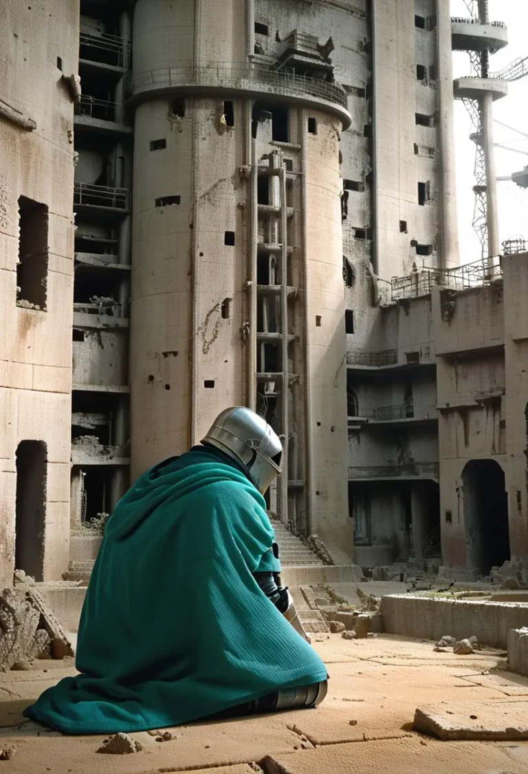 A medieval knight in a teal cloak kneeling in an abandoned building complex. This is an AI generated image using Stable Diffusion.