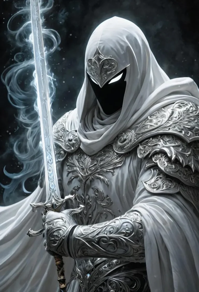 A knight in intricate silvery armor with a hooded cloak, created using Stable Diffusion.