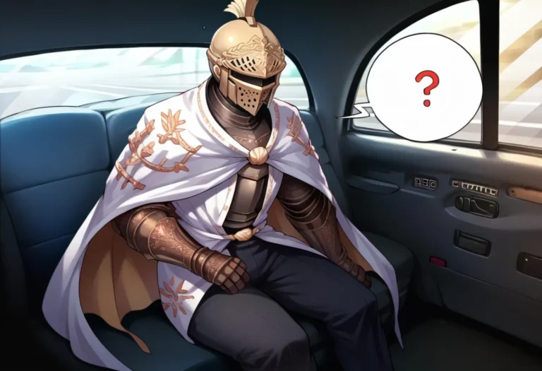 A knight dressed in armor and a white cloak with gold designs, sitting in the backseat of a car, shown in comic style. This is an AI generated image using stable diffusion.