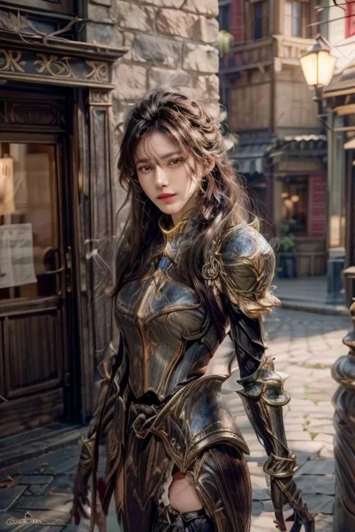 A detailed, AI generated image using Stable Diffusion of a woman wearing intricate medieval armor, standing in a cobblestone alley of an old town with stone buildings around.