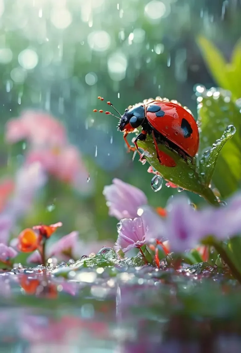 Detailed depiction of a ladybug on a leaf in the rain, surrounded by pink flowers. This is an AI generated image using Stable Diffusion.