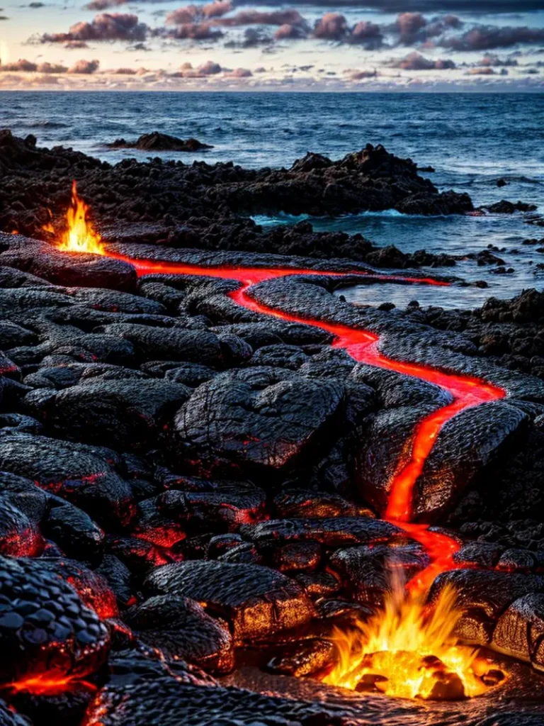 AI generated image using stable diffusion of flowing lava on a rocky landscape meeting the ocean at sunset.