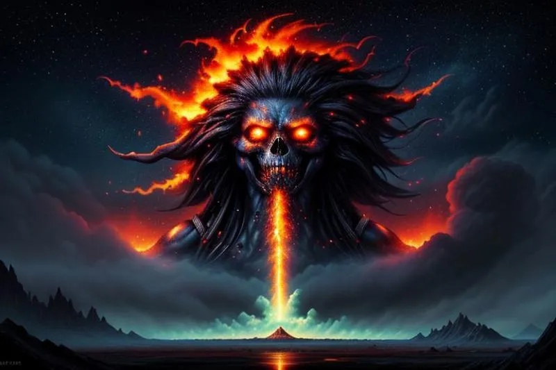 A dramatic AI generated image using stable diffusion featuring a giant skull with glowing eyes spewing lava, surrounded by an exploding volcano and dark atmospheric clouds.