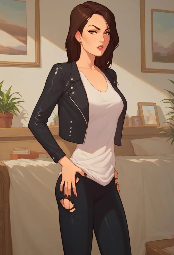 Stylish cartoon art of a woman with dark hair, wearing a black leather jacket, a white top, and torn black pants. Created using AI with Stable Diffusion.