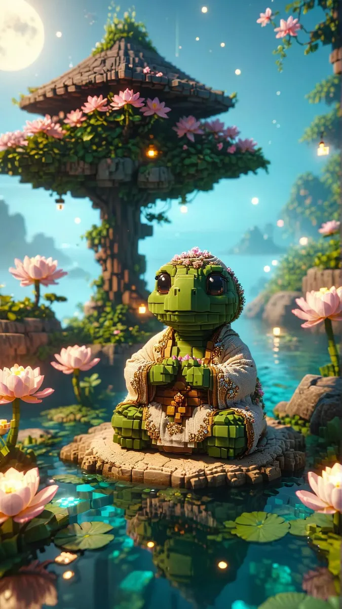 A peaceful scene of a Lego turtle adorned with flowers and beads sitting on a small island in a serene pond, surrounded by blooming lotus flowers, with a large treehouse and moonlit sky in the background.