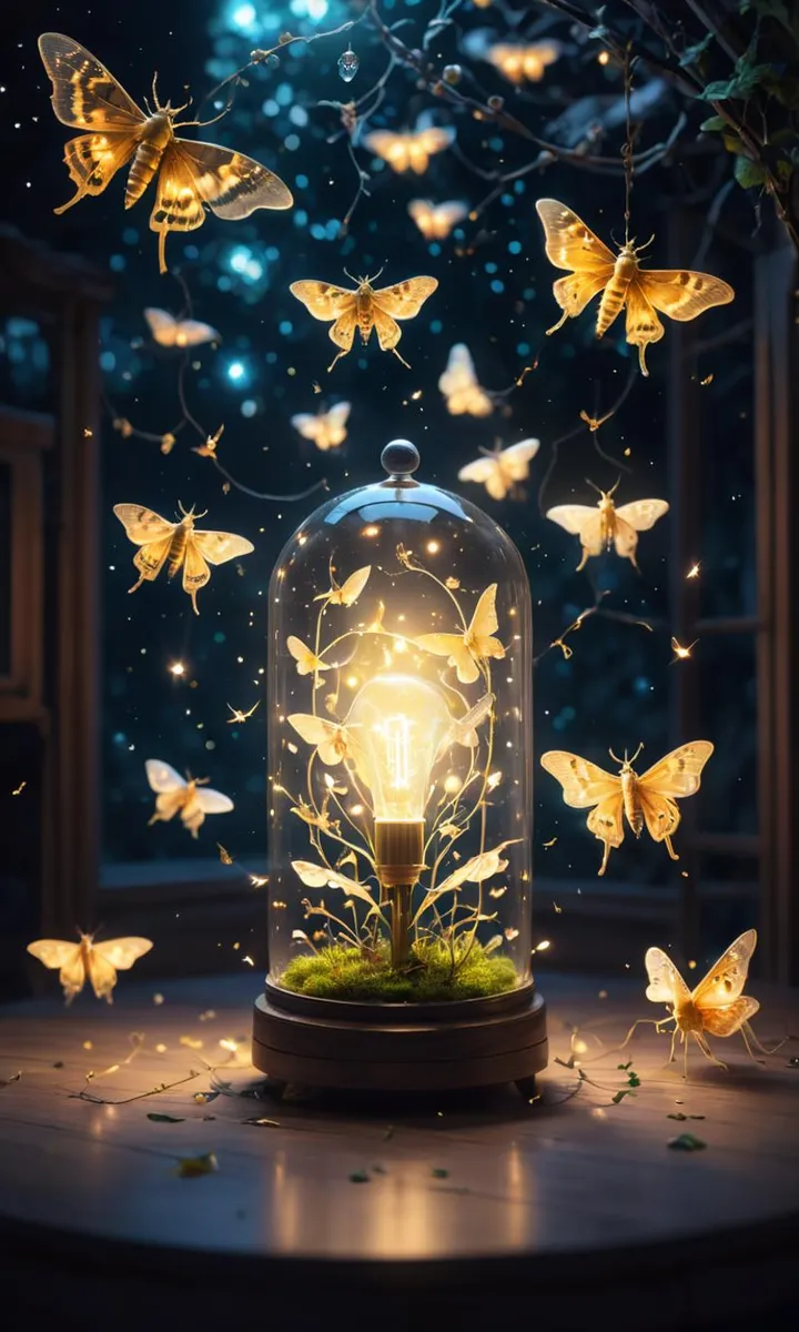 A magical scene with a glowing light bulb enclosed in a glass dome, surrounded by fluttering butterflies. Emphasize that this is an AI-generated image using Stable Diffusion.